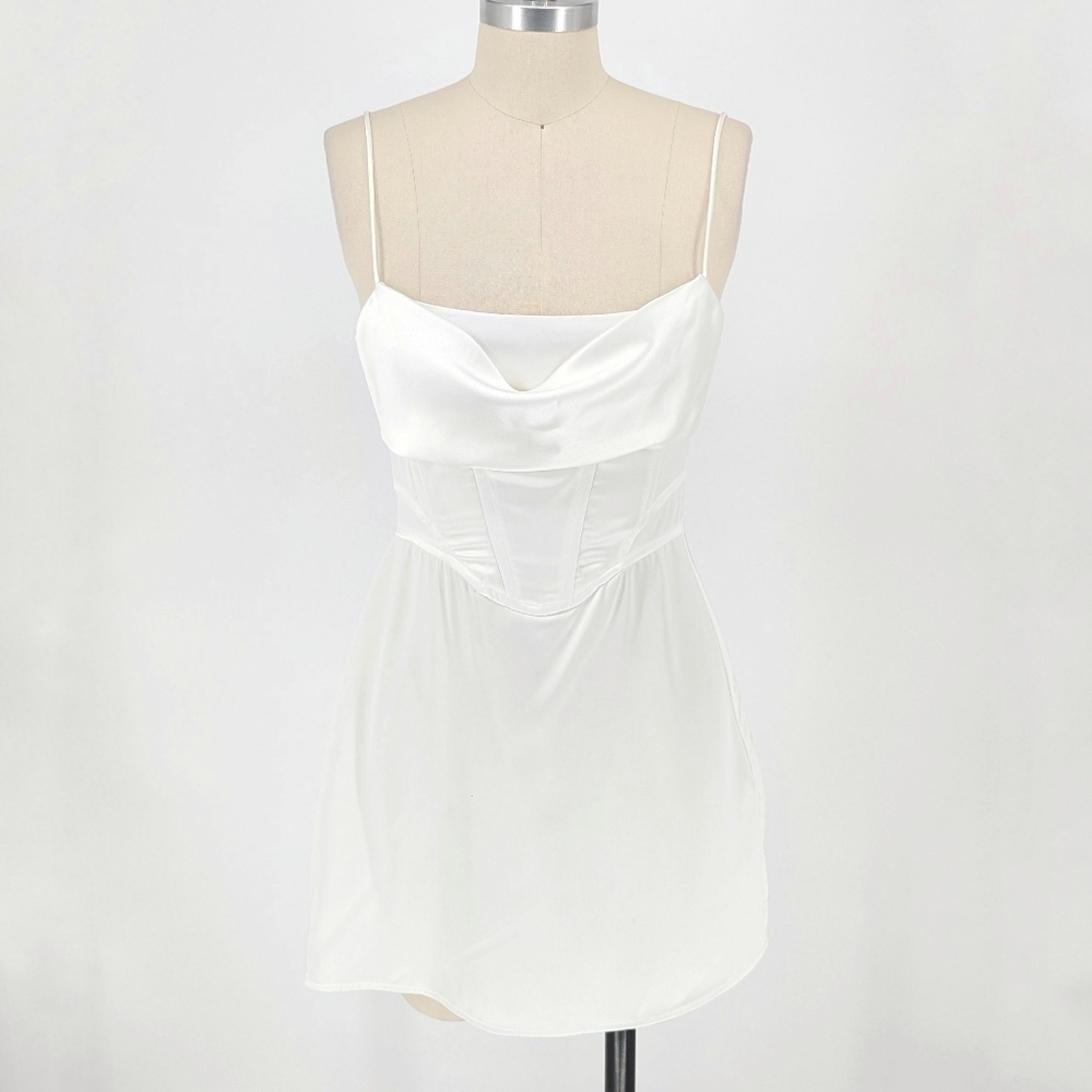 NEW Zara Satin Mini Dress White M wedding party cocktail preppy sexy victorian